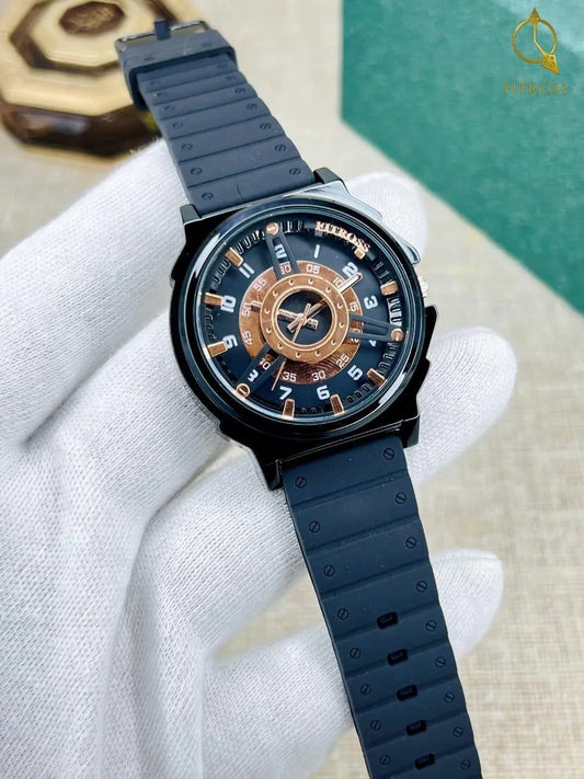Mens Black Gold Dial Rubber Strap Watch