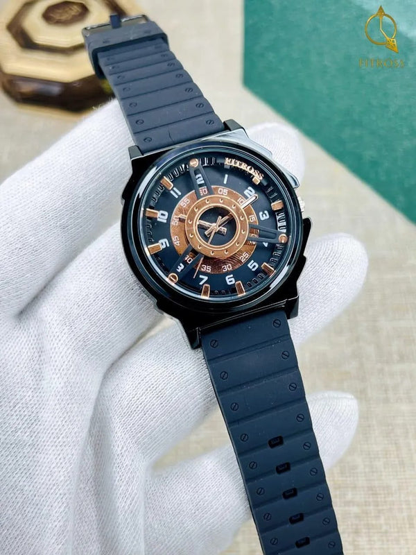 Mens Black Gold Dial Rubber Strap Watch