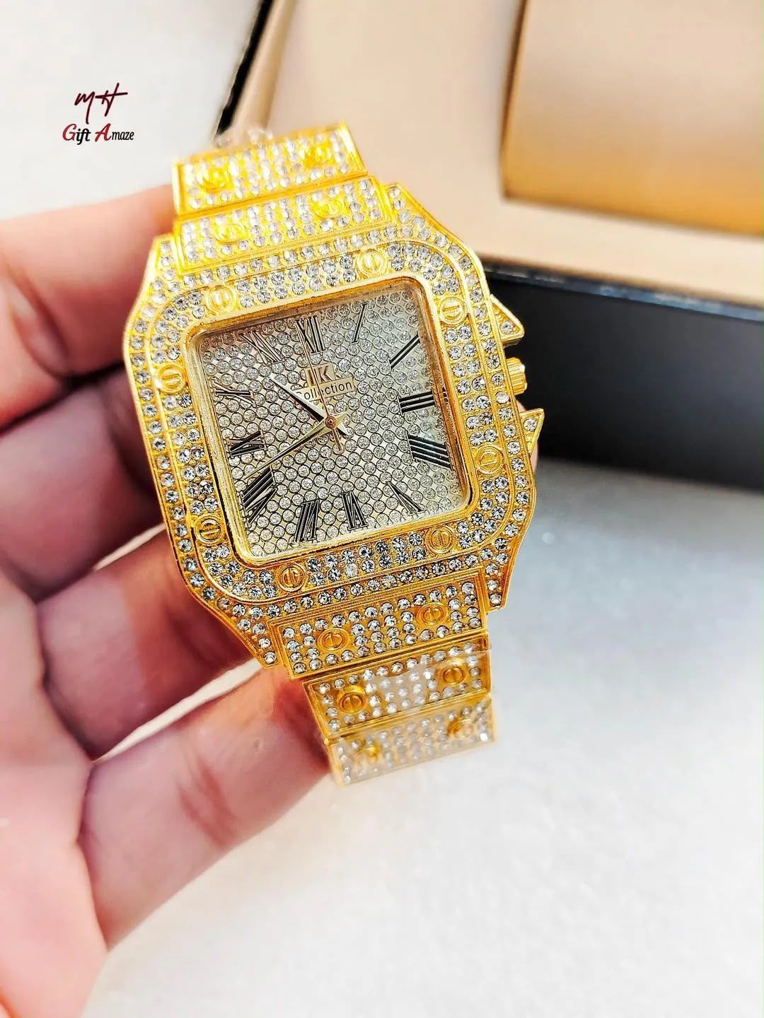 Luxury Rhinestone Gold Watch for Women Men