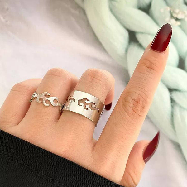Silver Flame Design Adjustable Rings Set of 2